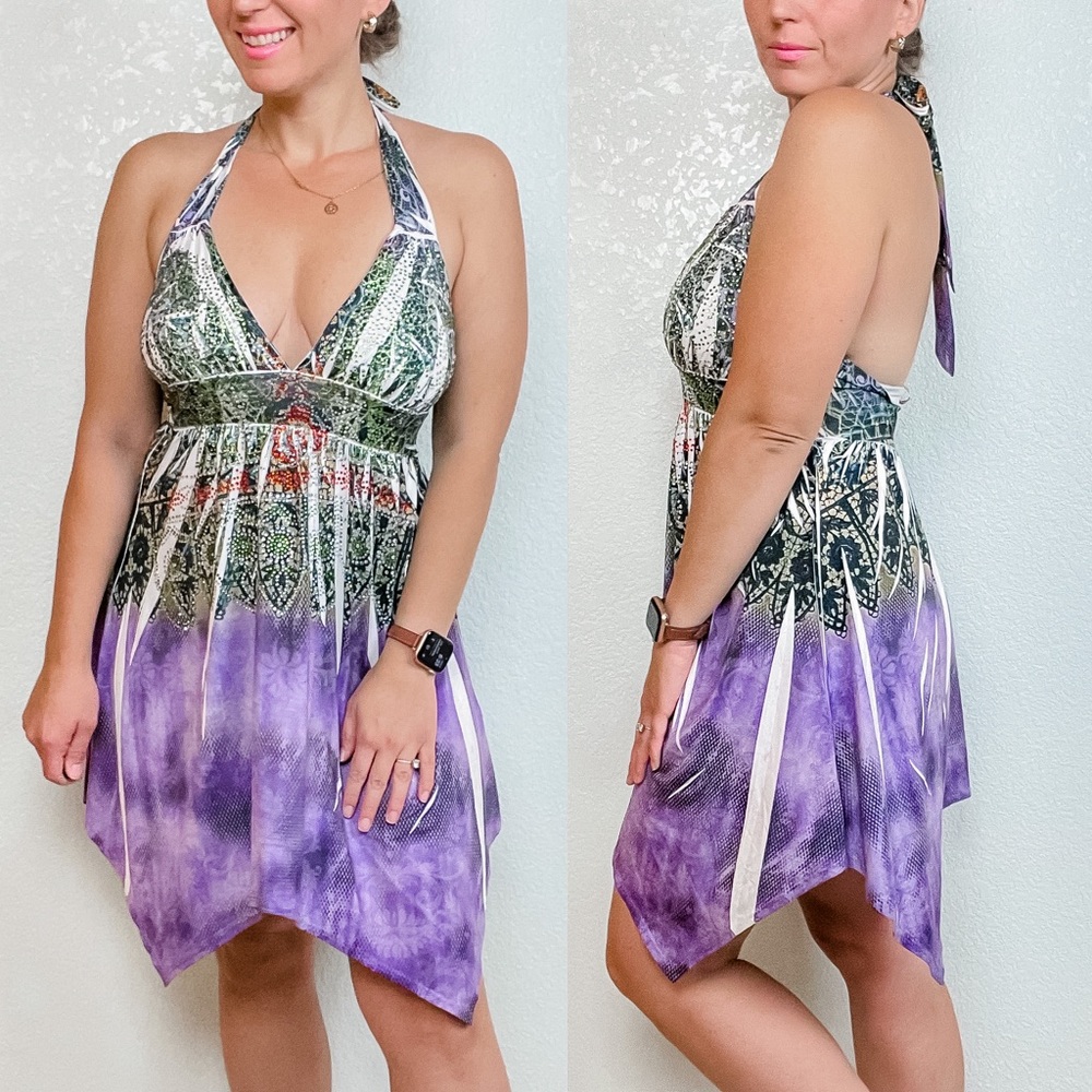 S-Twelve  YSK‎ Vintage Halter V Neck with Rhinestones Dress Purple Medium